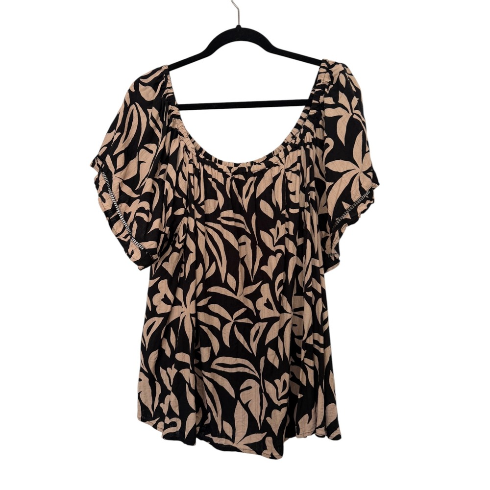 Terra & Sky Womens 2X Black Tan Tropical Leaf Flutter Sleeve Blouse